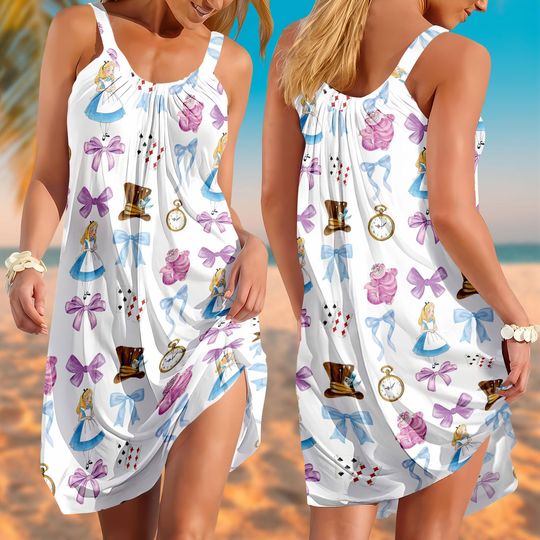 Alice In Wonderland Sling Summer Dress, Cute Bow And Clock Print Sundress, Fairy Tale Vacation Outfit, Beach Dress For Women