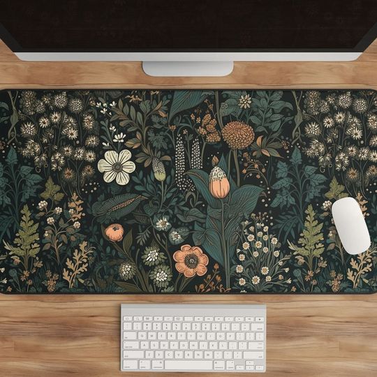 Dark Cottagecore Floral Desk Mat, Botanical Mouse Pad, Vintage Wildflower Design, Nature Garden Desk Pad