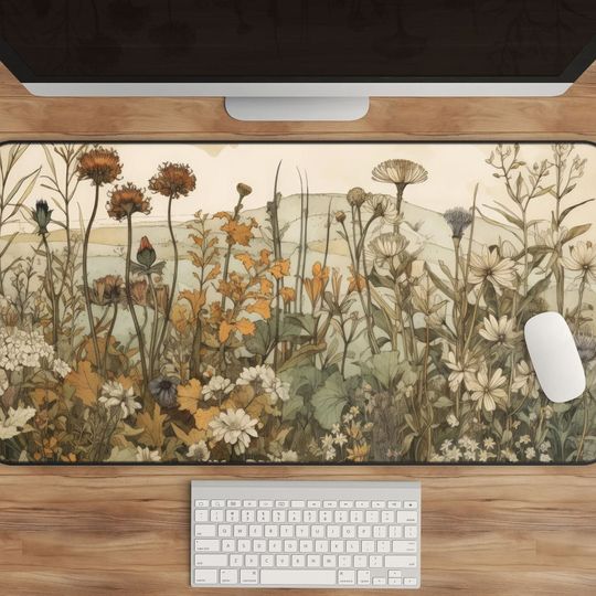 Cottagecore Floral Desk Mat, Vintage Aesthetic Wildflower Mousepad, Pastel Keyboard Mat