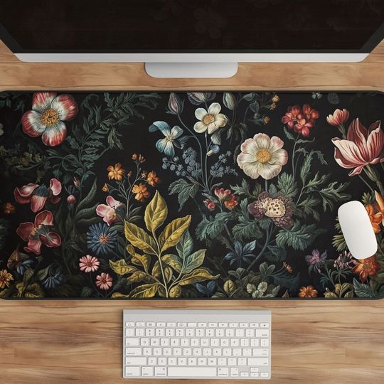 Dark Cottagecore Desk Mat - Floral & Botanical Mouse Pad - Vintage Aesthetic Workspace Decor