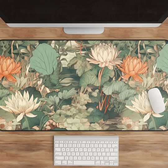 Floral Cottagecore Desk Mat - Asian Lotus & Water Lily Design, Light Emerald and Orange, Botanical Zen Mousepad