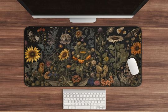 Cottagecore Desk Mat | Floral Lavender Mousepad | Sunflower Mushroom Design | Extra Large Keyboard Mat