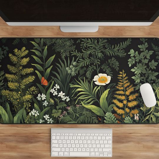 Botanical Desk Mat - Dark Green Nature Pad - Cottagecore Inspiration - Flower and Forest Office Decor