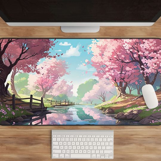 Anime Sakura Desk Mat - Cherry Blossom Mouse Pad - Floral Office Decor - Nature Inspired Landscape Mat