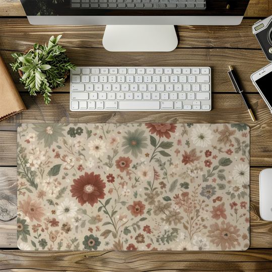 Bohemian Wildflower Desk Mat - Neutral Tones Mousepad - Cottagecore Desk Pad
