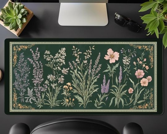 Green Botanical Floral Desk Mat, Dark Cottagecore Aesthetic Mouse Pad, Victorian Vintage Mushroom & Butterfly Design, Large Gaming Mouse Mat