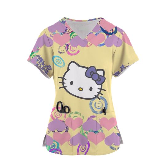 Womens Hello Kitty Print Nurse Scrubs Top
