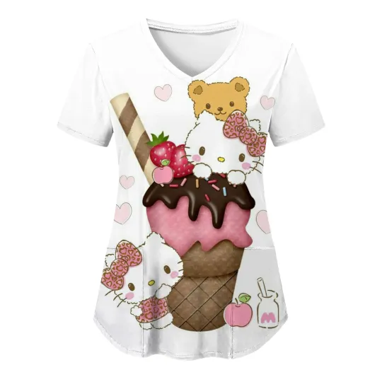 Hello Kitty Print Scrub Top for Medical Professionals, Dentists, Pharmacists, and Veterinary Nurses