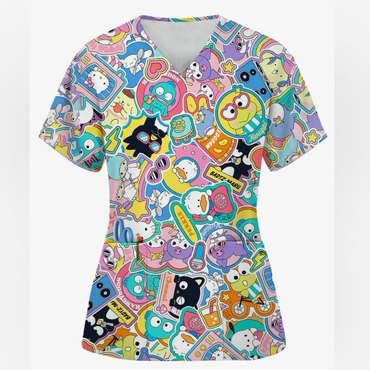 Womens Hello Kitty Print Nursing Scrubs Top Casual Short Sleeve