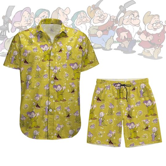 Snow White Dwarfs Hawaiian Shirt and Shorts Set, Disney Dwarfs Beach Vacation Outfit, Disney Hawaii For Man