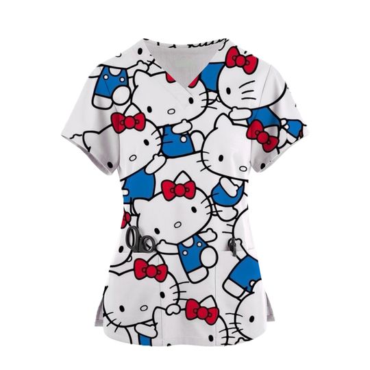 Kawaii Nurse Hello Kitty Print Scrubs Top for Women