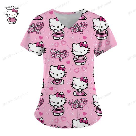 Women's Summer T-shirt V-neck Hello Kitty 3d Print Nurse Uniform Medical Care Ladies