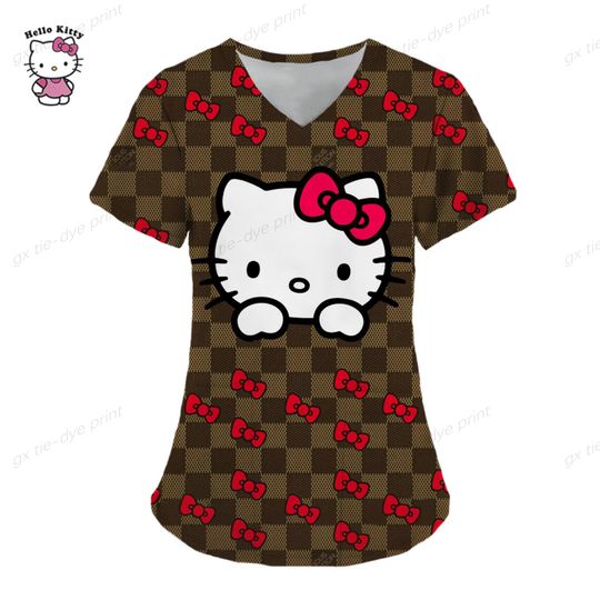 Hello Kitty 3D Print Scrubs Top For Nurses and Pediatricians