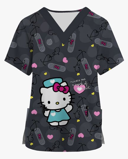 Summer Hello Kitty Cartoon Women's Work Clothing Dental Beauty Salon V-Neck Print Scrub Top