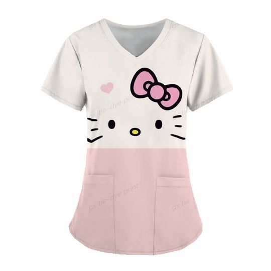 Kawaii Nurse Uniform Scrubs Tops Womens Cartoon Hello Kitty Print