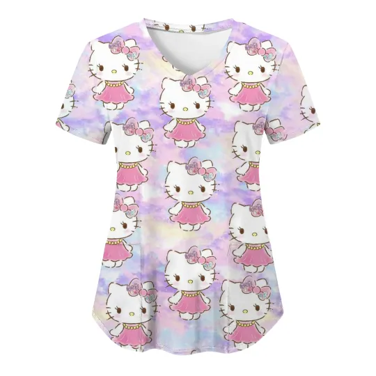 V-neck Kitty Cat Scrubs Top For Nurses and Pediatricians