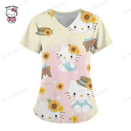 Women Short Sleeve Hello Kitty Scrubs Top For Nurses and Pediatricians