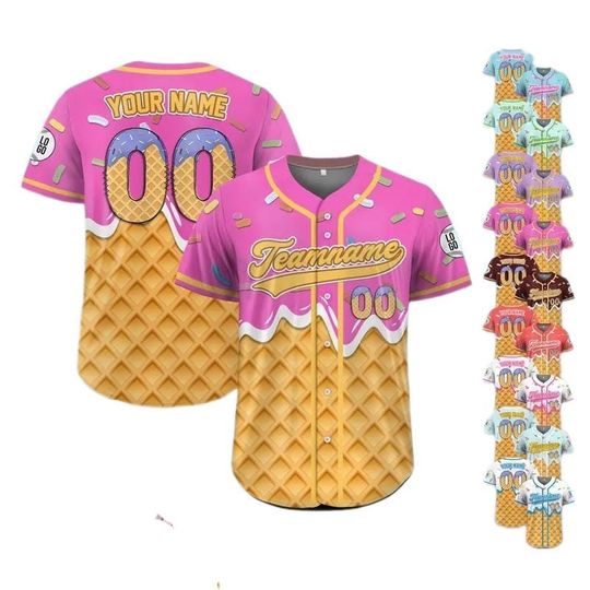 Personalized Ice Cream Drip Baseball Jersey for Men Women Youth Kid, Custom Sprinkle Drip Baseball Matching Family Shirt, Summer Outfit