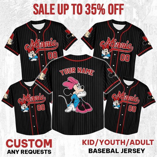 Personalize Disney Vintage Minnie Smile Black Jersey, Custom Kid Youth Adult Baseball , Custom Disney Birthday Gift