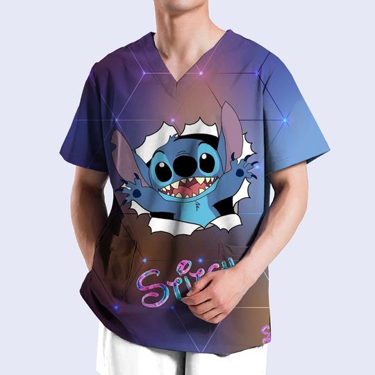 Medical Uniforms Male Nurse Scrubs Top Disney Stitch Print Short Sleeve V-Neck T-Shirt