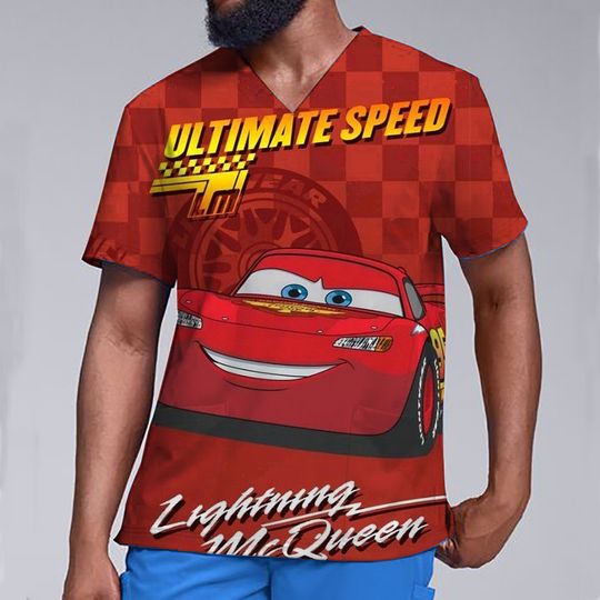 Men's V-neck Cartoon Disney Racing Print Scrub Top