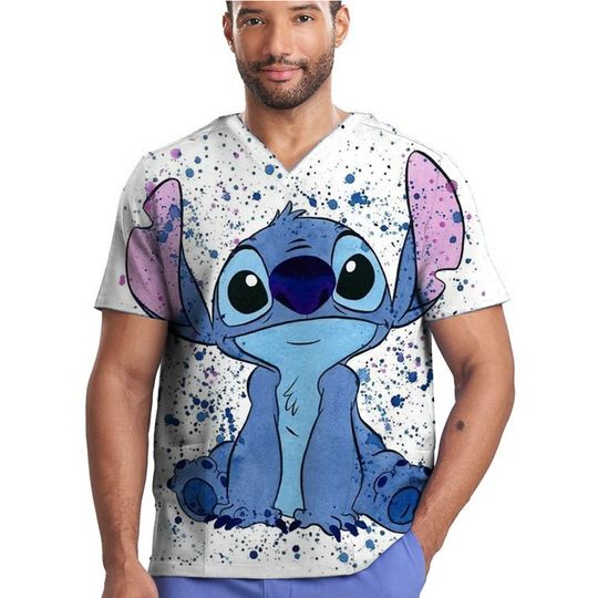 Disney Stitch Print Surgical Scrub Top for Nurses and Medical Professionals