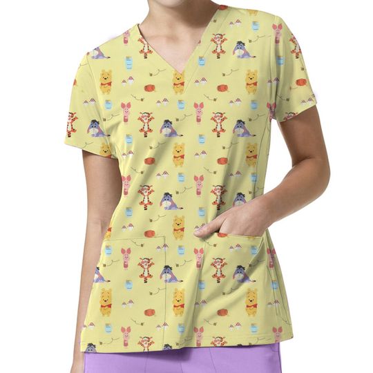 2025 Women's Stretchy Nurse Scrubs Top - Disney Winnie The Pooh Design