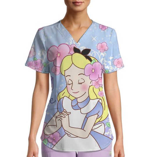 Disney Princess Moana V-Neck Print Scrub Top for Nurses and Caregivers