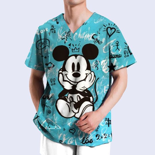 Disney Mickey Mouse Print V-neck Short Sleeve Scrubs Top