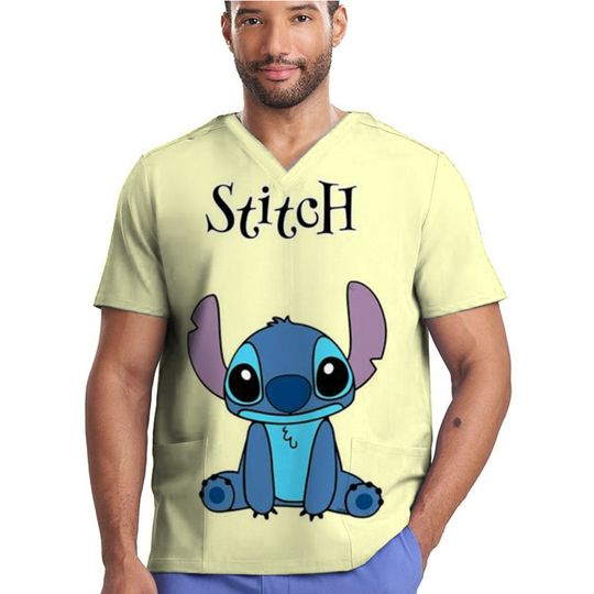 Disney Stitch Print Scrubs Top for Men and Women