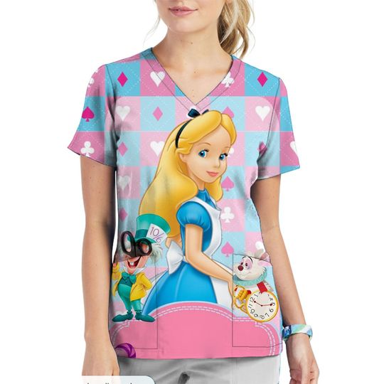 Disney Princess Women's V Neck Scrubs Top - Kawaii Summer Short Sleeve T-Shirt