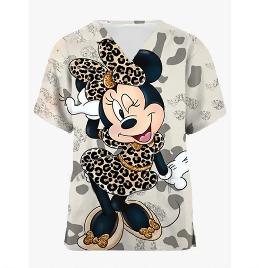 Disney Minnie Mouse Scrub Top for Women - Short Sleeve V-Neck Pet Grooming & Nursing Uniform