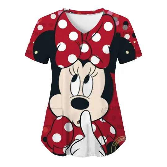Mickey Mouse Nurse Scrub Top Women's V Neck Hospital T-shirt Summer Minnie Mouse
