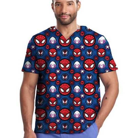 Marvel Spider-Man Print Medical Scrub Top for Nurses and Doctors