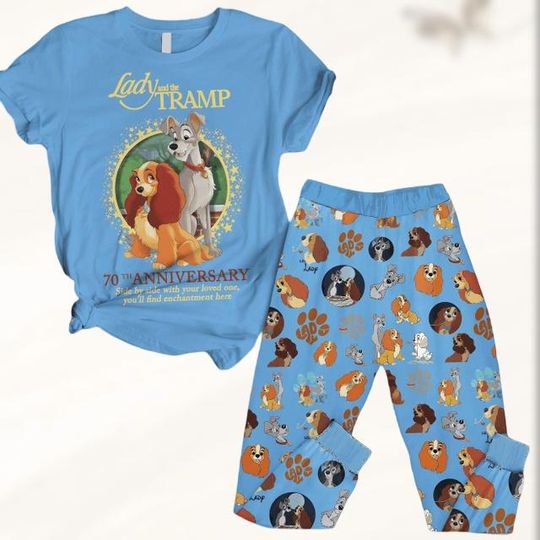 Lady And The Tramp Shirt/Pants, Disney 70th Anniversary Pajamas Set, Disneyland Pjs For Women, Cute Dog Cartoon Tee For Lovers