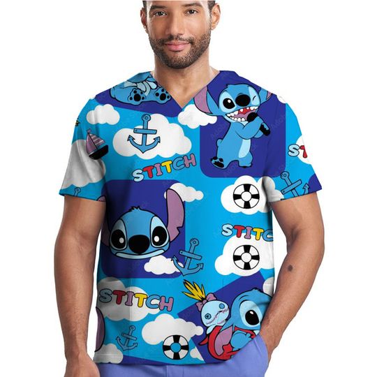 Medical Scrub Top with Disney Stitch Print for Doctors, Nurses, and Veterinary Use