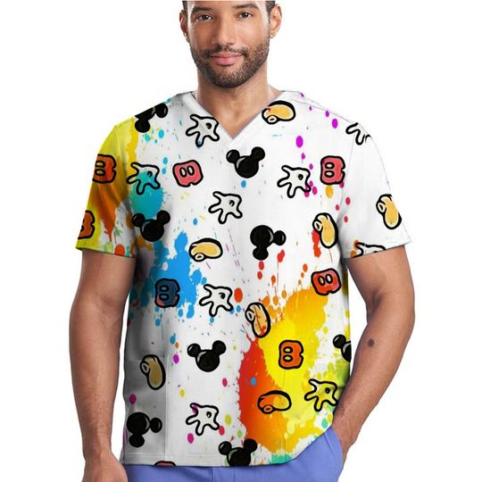 Disney Mickey Mouse Scrub Top for Men and Women - Short Sleeve V-neck