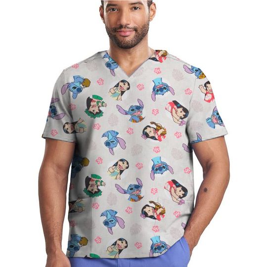 V-Neck Nurse Scrub Top - Disney Stitch Print