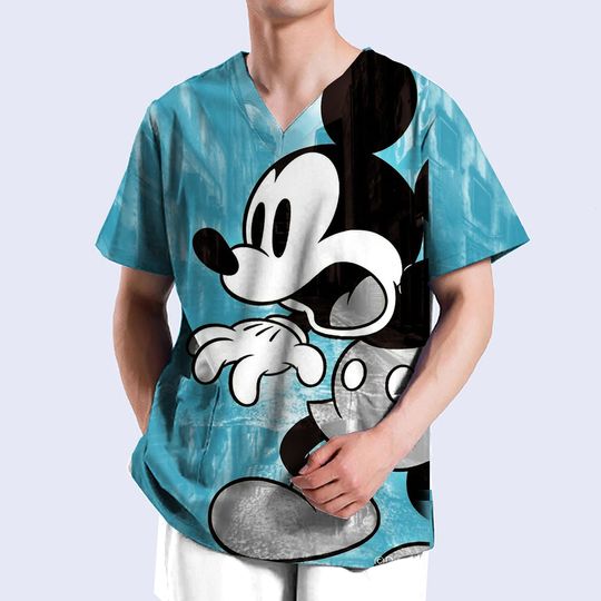 Disney Mickey Printed Scrubs Top for Male Nurses and Dentists