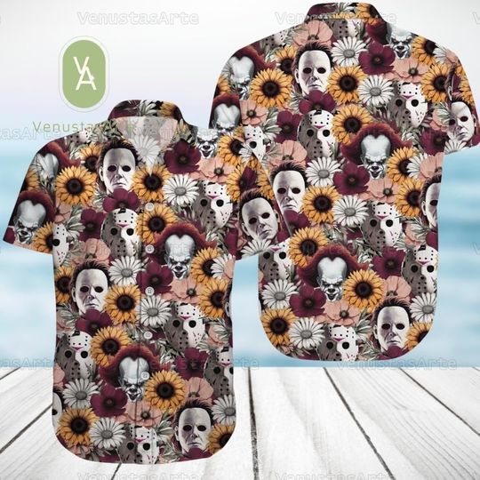 Horror Characters Sunflower Button Shirt, Michael Myers Button Up Shirt, Serial Killer Shirt, Halloween Floral Hawaiian Shirt
