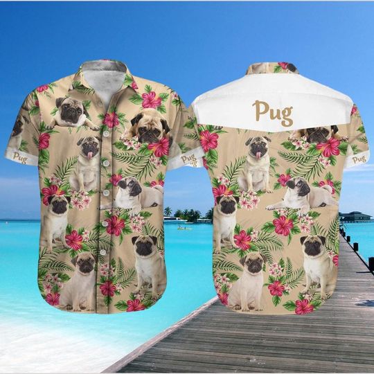 Pug Hawaiian Shirt, Cute Dog Summer Shirt, Tropical Pug Floral Print Shirt, Beach Vacation Outfit for Dog Lovers, Summer Gift For Him