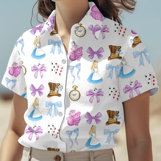 Alice in Wonderland Hawaiian Shirt, Whimsical Tea Party Outfit, Cheshire Cat and Mad Hatter Print, Trippy Fantasy Vacation Wear