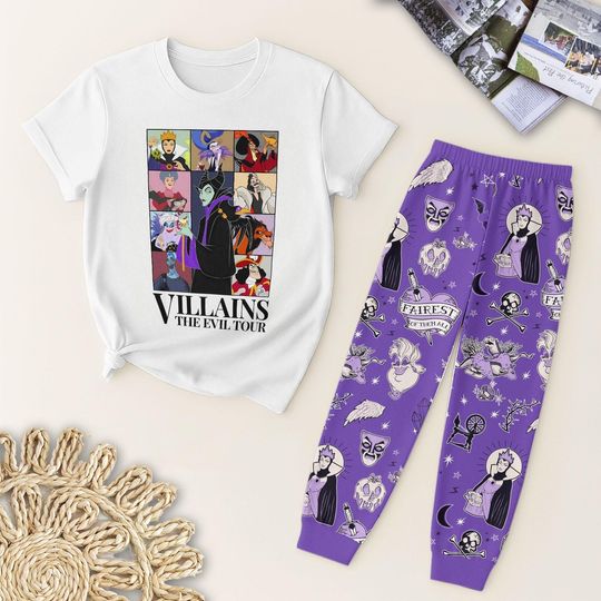 Halloween WDW Villains The Evil Tour T Shirt And Pant Pajamas Set, Bad Witches Club Sleepwear, Spooky Season Gift, Magic Kingdom Pyjamas