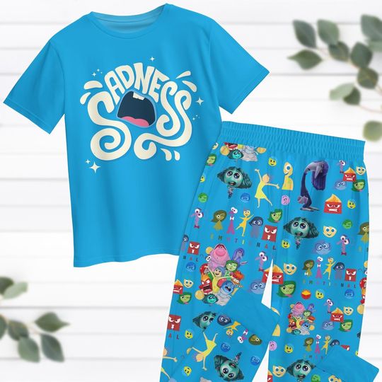 Inside Out Sadness Pajamas Set, Disney Cartoon Sleepwear, Its Okay To Feel T-Shirt, Disney Pixar Fest Pants, Disney Emotion Womens Paja