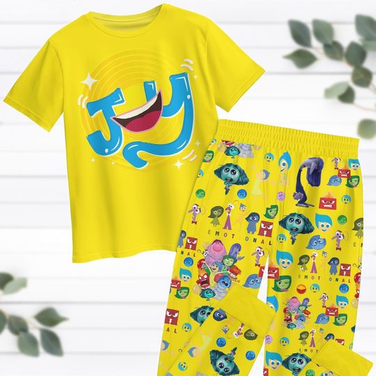Inside Out Joy Pajamas Set, Disney Joy Sleepwear, Its Okay To Feel T-Shirt, Disney Pixar Cartoon Pants, Disney Emotion Pj Set For Women