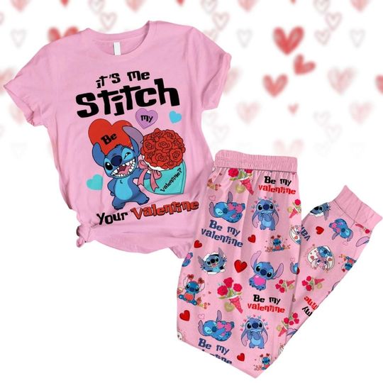 Stitch Be My Valentine Pajamas Set, Stitch Couple T-Shirt Pants Set, Stitch And Lio Sleepwear, Cartoon Disney Valentine's Day Gift For