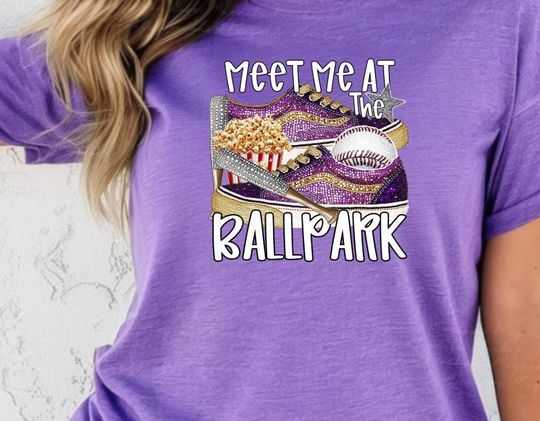 Tigers Meet Me At The Ball Park Faux Rhinestone T-shirt - Purple & Gold, LSU, Ladies Sports Wear