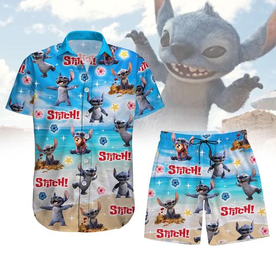 Disney Stitch Button Shirt, Men Shorts,  Stitch Hawaiian Shirt, Cute Stitch Summer Shirt, Disney Beach Shirt, Stitch Disneyland Gifts