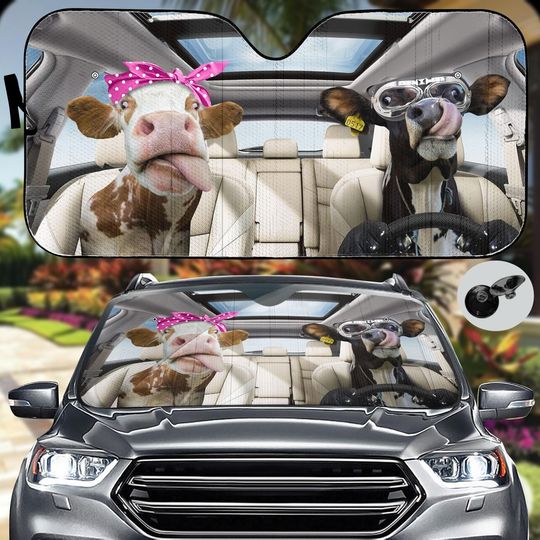 Tongue Out Cows Car Sunshade, Cow Couple Auto Car Sunshade, Car Windshield Cover For Animal Lover, Funny Protect Front Window