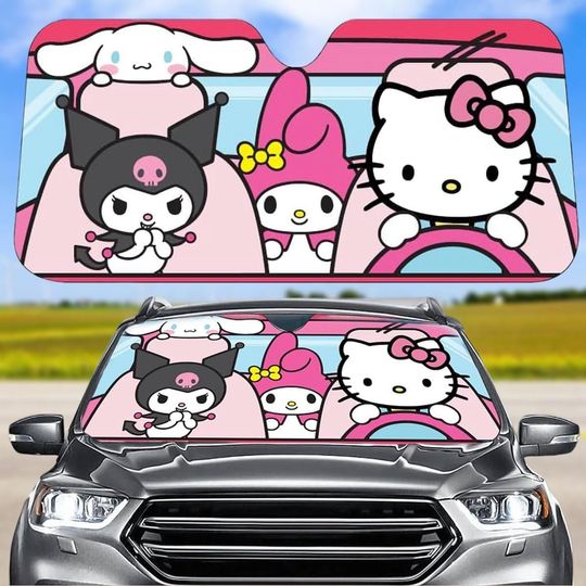 Hello Kitty Car Sunshade, Kawaii Kitty Auto Car Sun Shade, Cute Cat Windshield Cover, Sun Visor Car For Anime Lover, Funny Car Decor